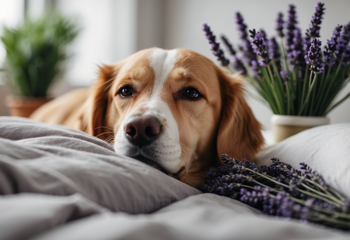 A serene dog lying on a cozy bed, surrounded by lavender plants and diffuser emitting calming scent