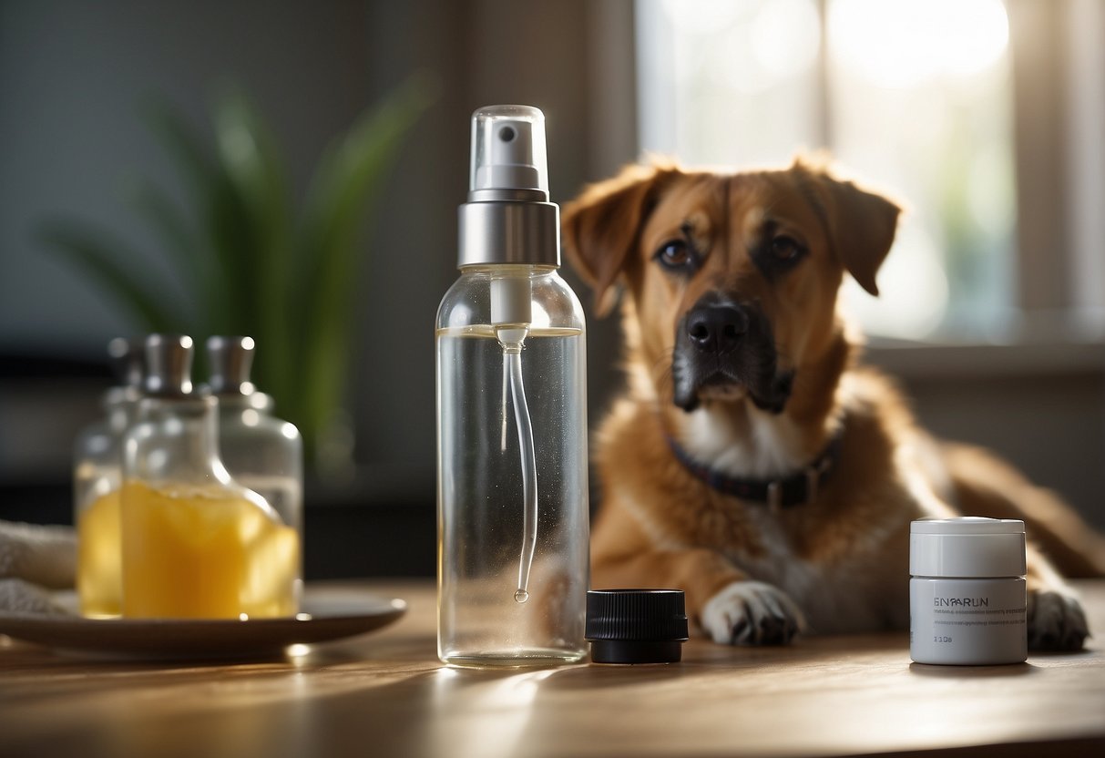 A spray bottle sits on a table with essential oils and water nearby. A dog relaxes in the background, while a calming atmosphere is depicted through soft lighting and soothing colors