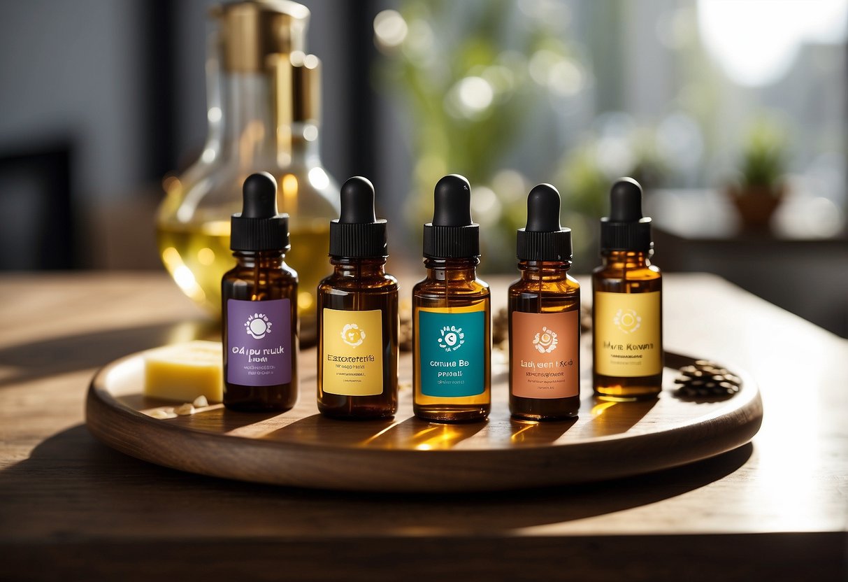 A table with various carrier oils and essential oils, labeled for dogs. A dog silhouette or paw print could be added for context