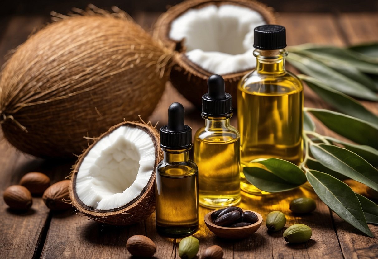 A variety of carrier oils (coconut, olive, jojoba) arranged with essential oils, surrounded by dog-related items (leash, paw prints)