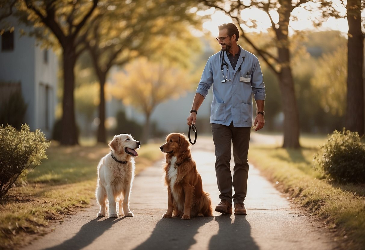 A veterinarian guiding a dog through socialization, using essential oils for comfort and support