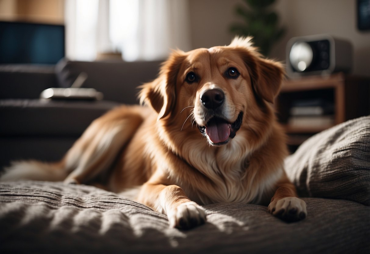 An anxious dog lying on a cozy bed, surrounded by calming music playing from a speaker. The dog's body language relaxes as it listens, with a peaceful expression on its face