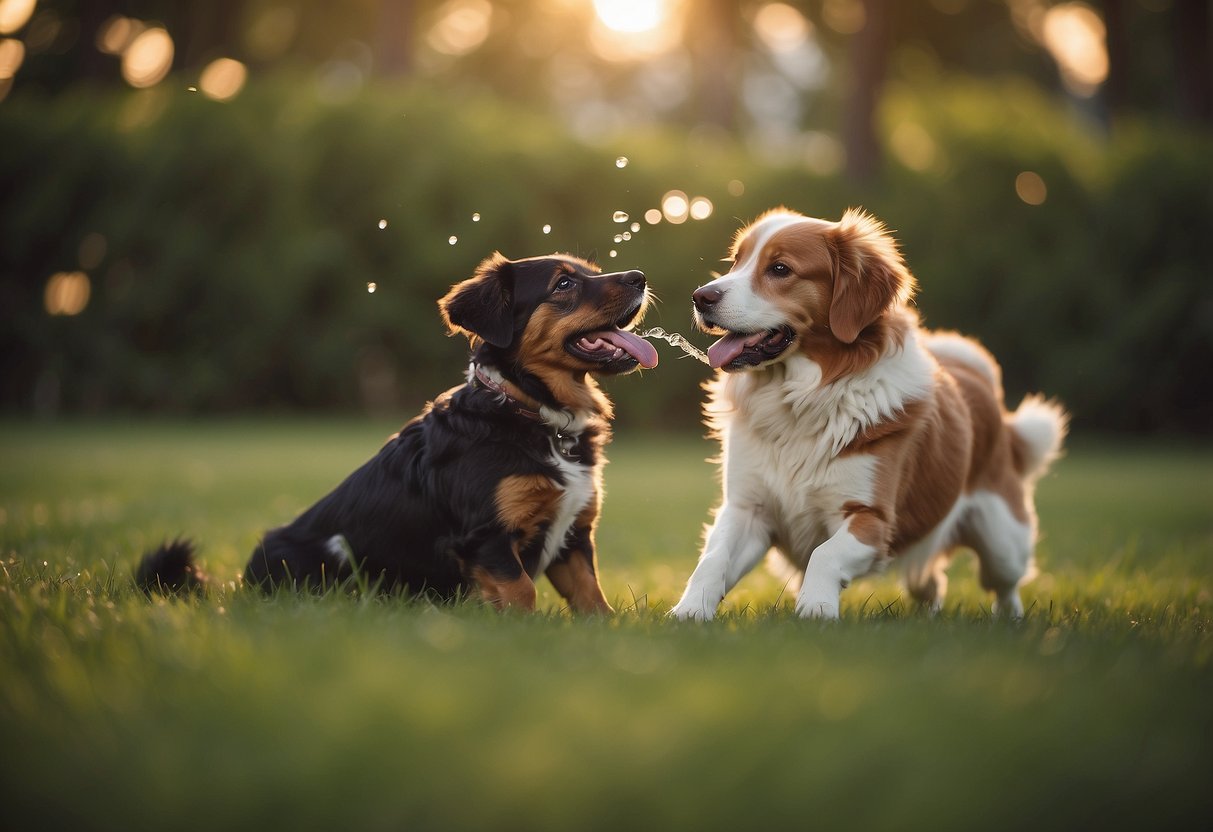 Dogs interacting peacefully, essential oils diffusing in the air, creating a calm and relaxed atmosphere for socialization