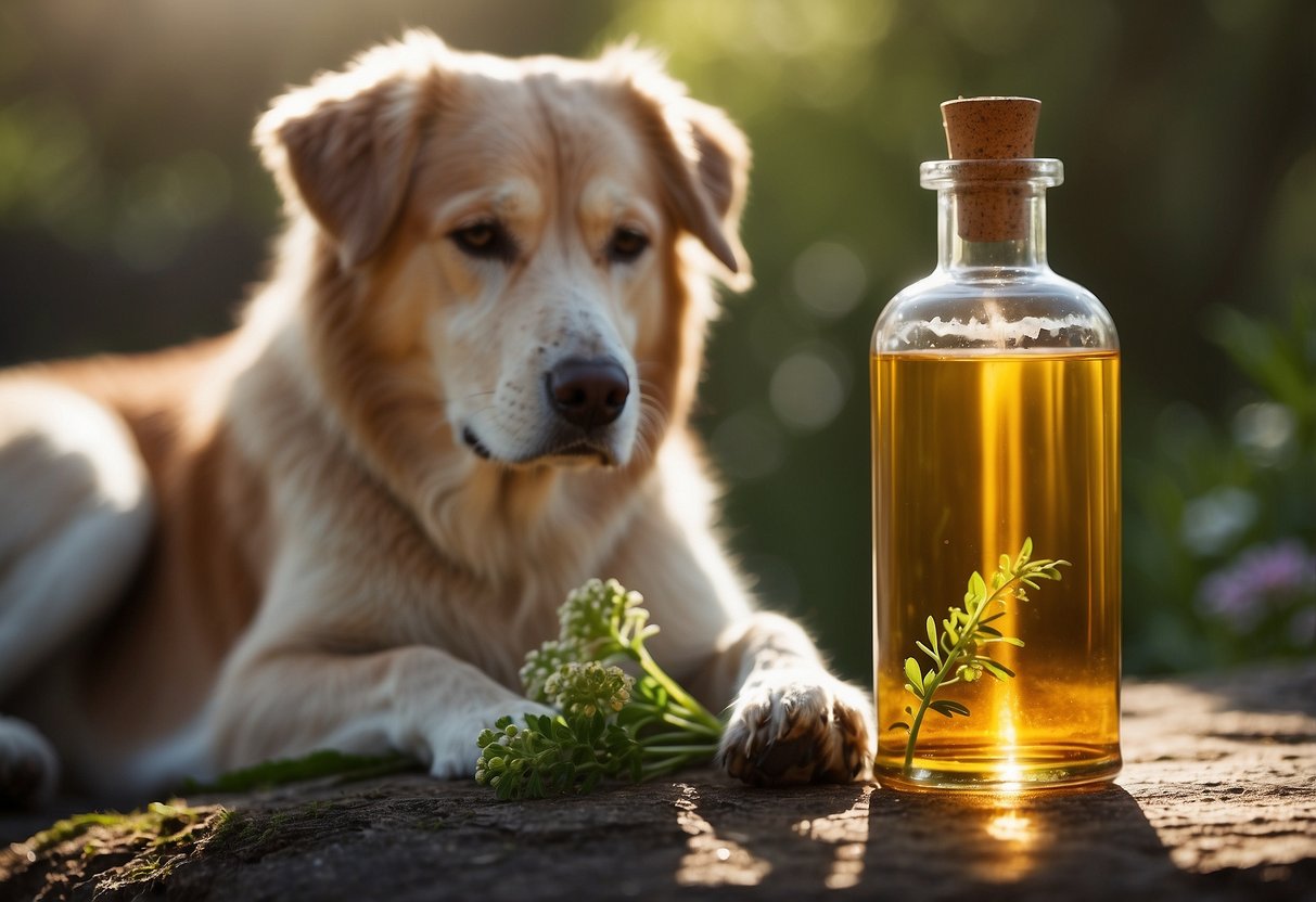 Valerian root oil bottle next to a calm dog, with a peaceful expression. Sunlight streaming in, creating a warm and soothing atmosphere