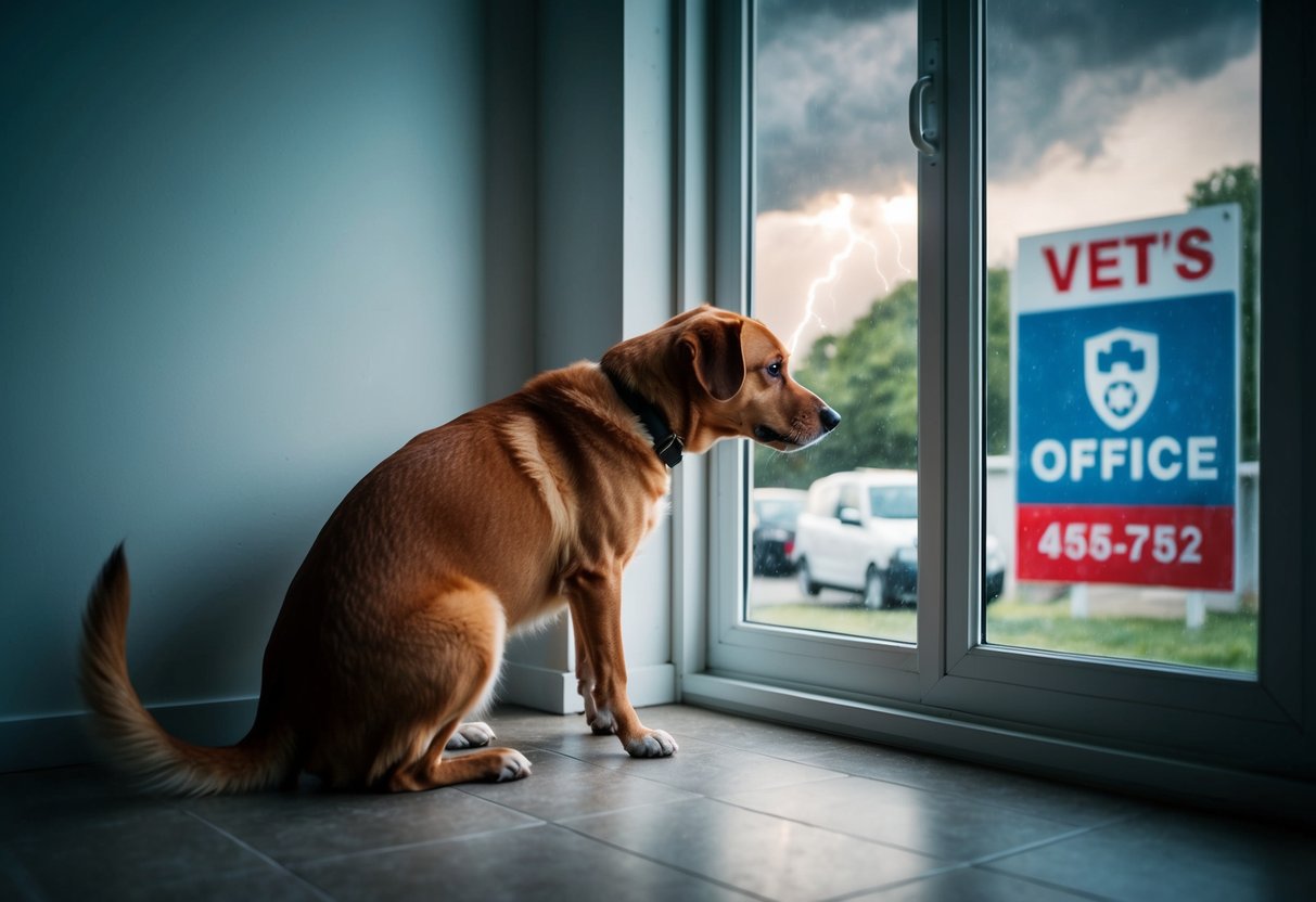 A dog cowers in a corner, ears back and tail tucked, as thunder rumbles outside. A vet's office sign is visible through the window