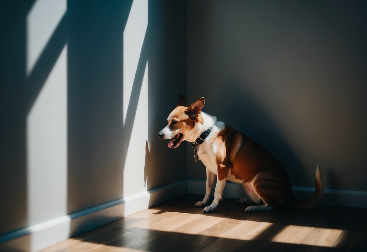 A dog cowers in a corner, ears back and tail tucked, while shaking and panting. The room is dimly lit with shadows cast on the wall, creating a sense of unease