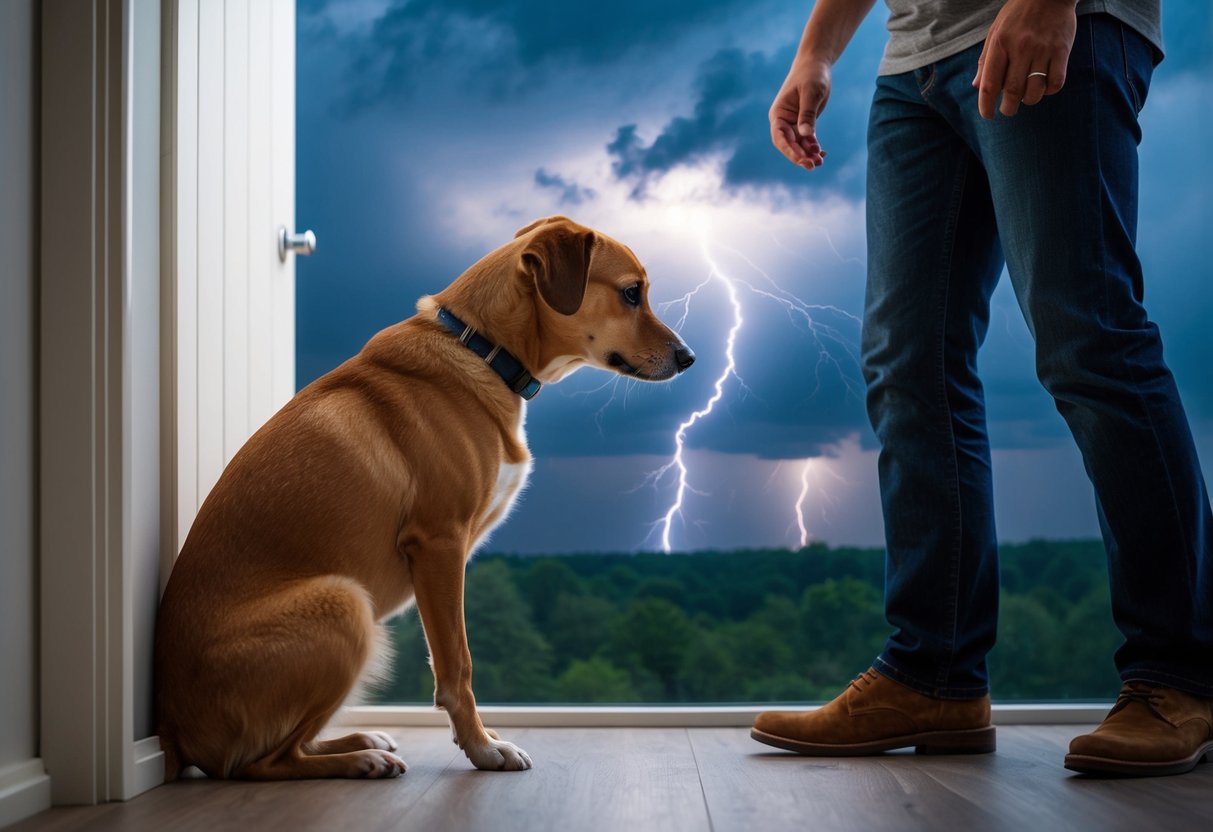 A dog cowers in a corner, ears flattened and tail tucked, while thunder rumbles outside. A comforting figure approaches with a calming presence