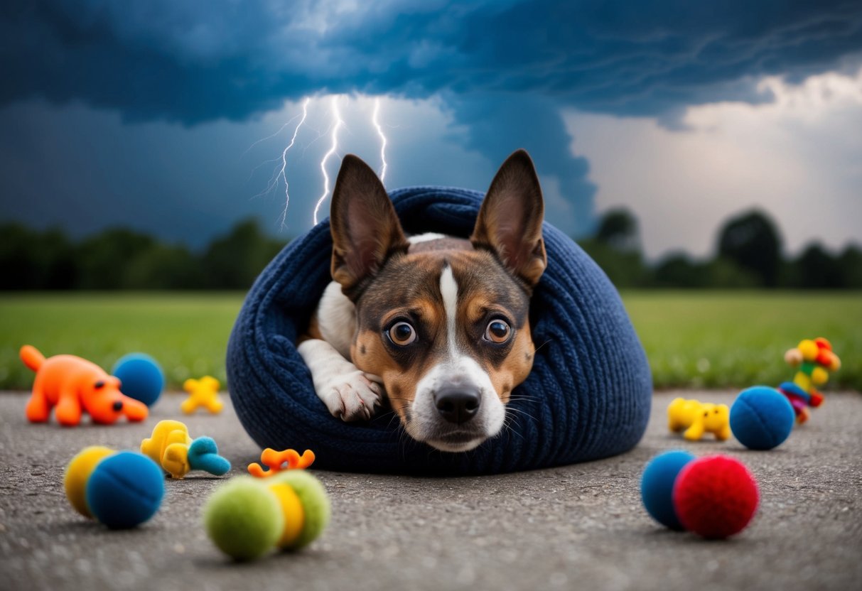 A dog curled up in a ball, trembling, with wide eyes and ears pinned back, surrounded by scattered toys and a thunderstorm outside