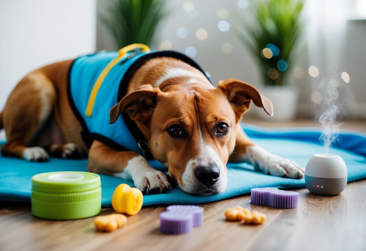 A dog lying down with a worried expression, surrounded by calming tools such as a Thundershirt, diffuser, and calming treats