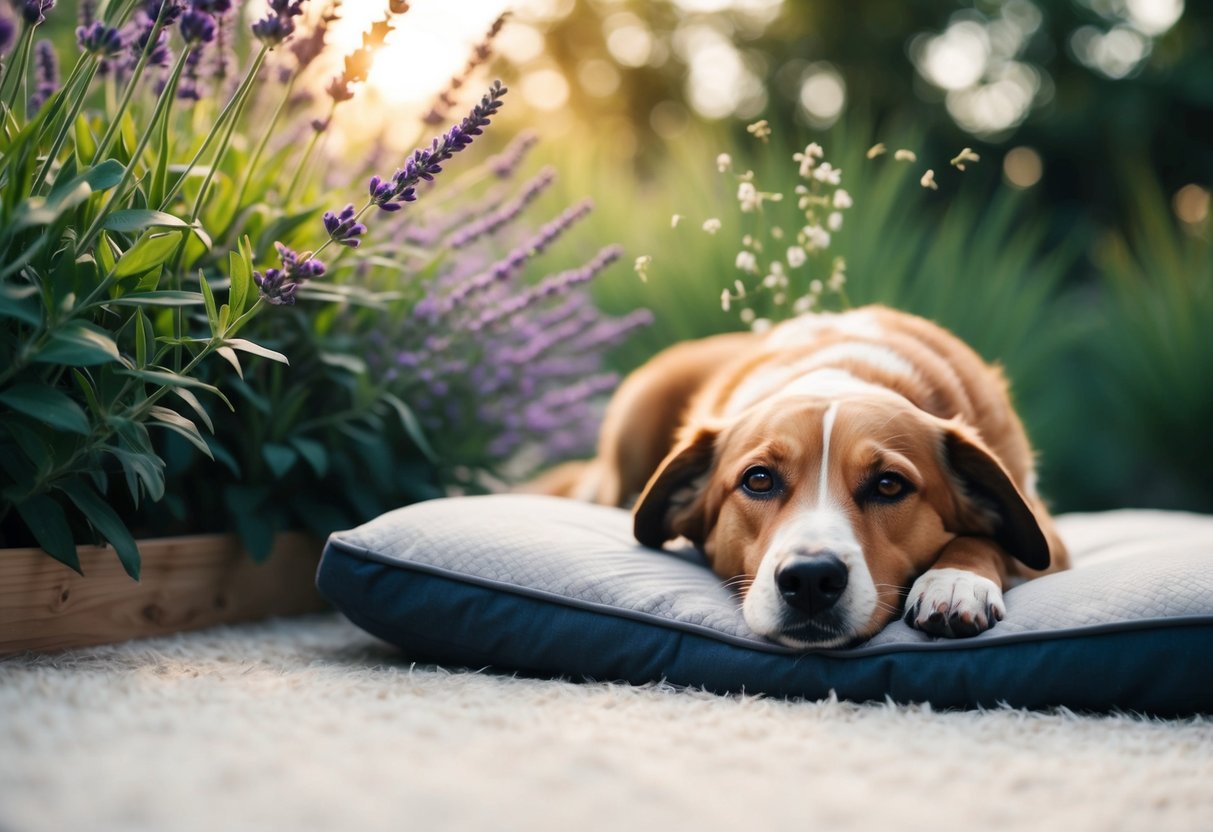 A dog lying on a cozy bed, surrounded by lavender plants and a gentle breeze wafting the calming scent towards the dog's nose