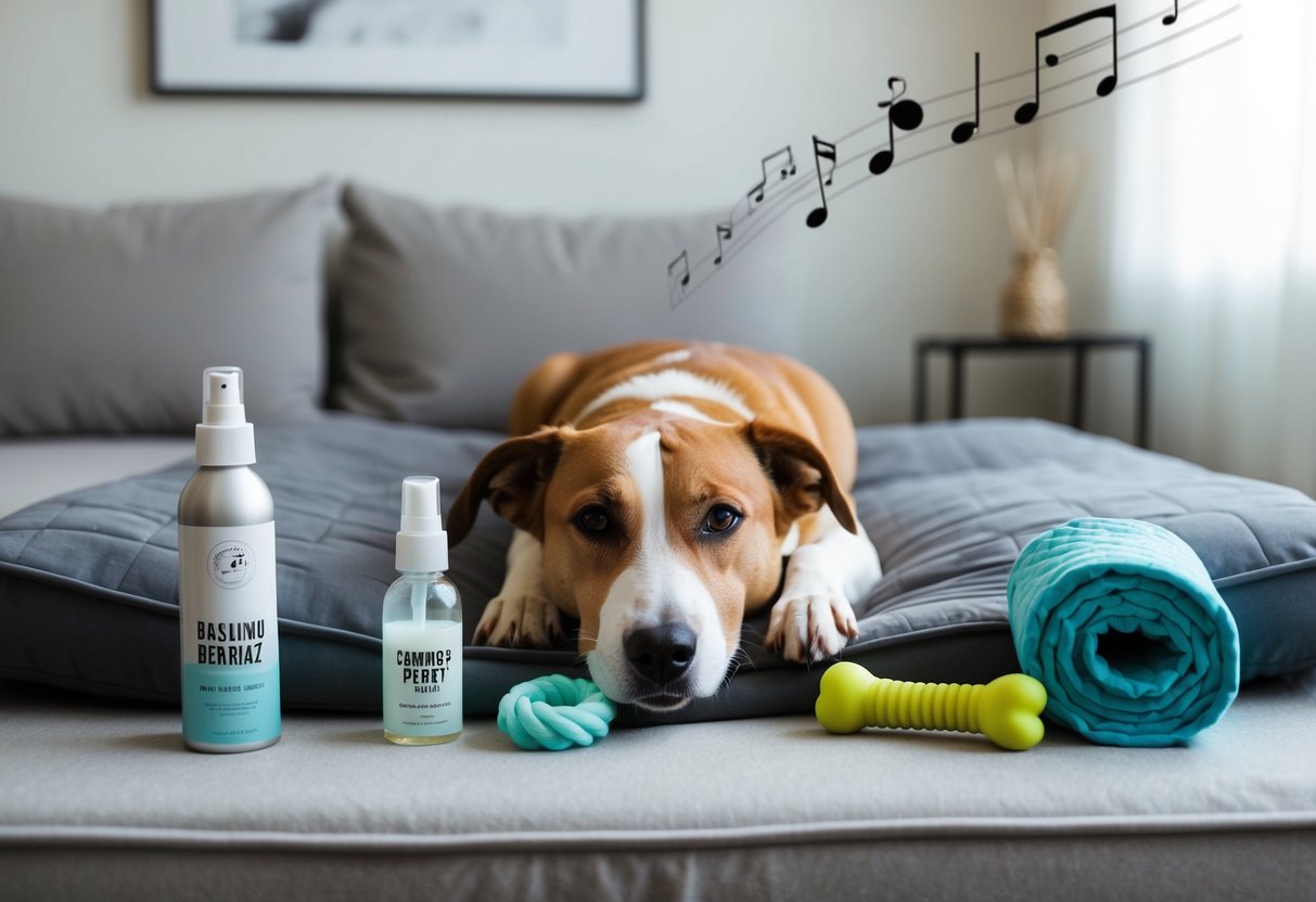 A dog lying on a soft bed, surrounded by calming products such as a weighted blanket, calming spray, and a chew toy. Gentle music plays in the background