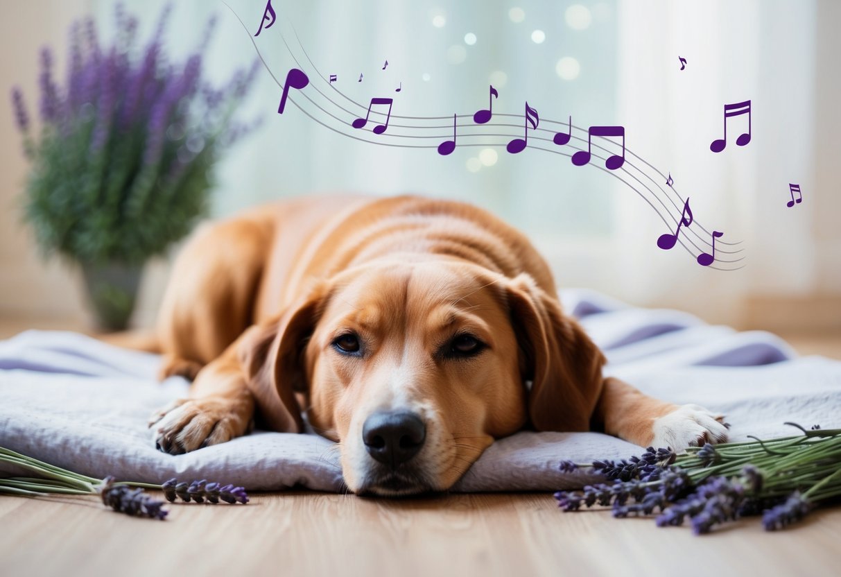 A dog lying peacefully on a soft blanket, surrounded by calming elements such as lavender, a gentle breeze, and soothing music playing in the background