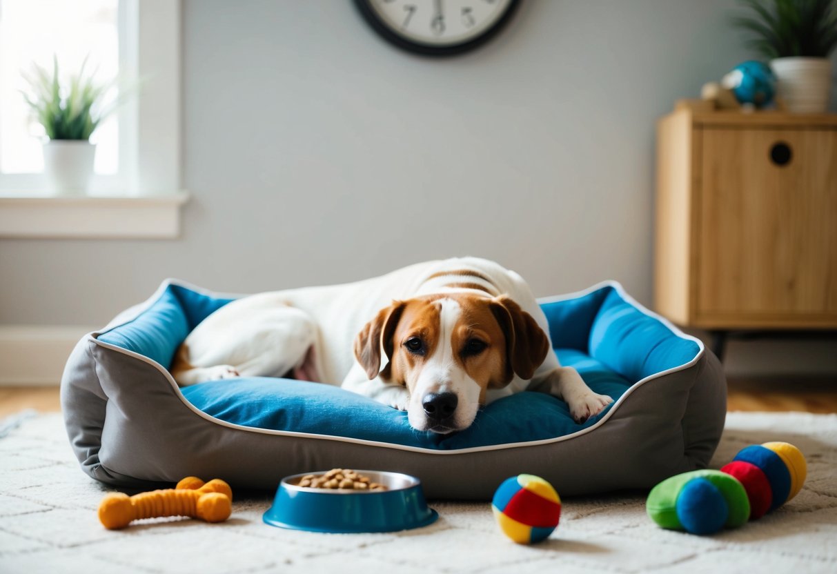 A dog peacefully lying down in a cozy bed, surrounded by toys and a food bowl, with a clock on the wall showing a consistent daily routine