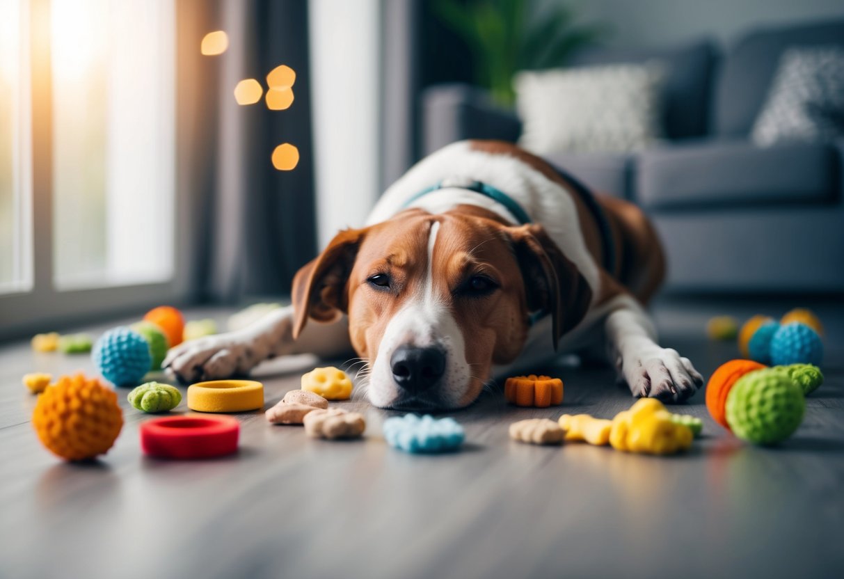 A dog peacefully lying down, surrounded by a variety of calming treats and toys. The atmosphere is serene and relaxed, with soft lighting and soothing colors