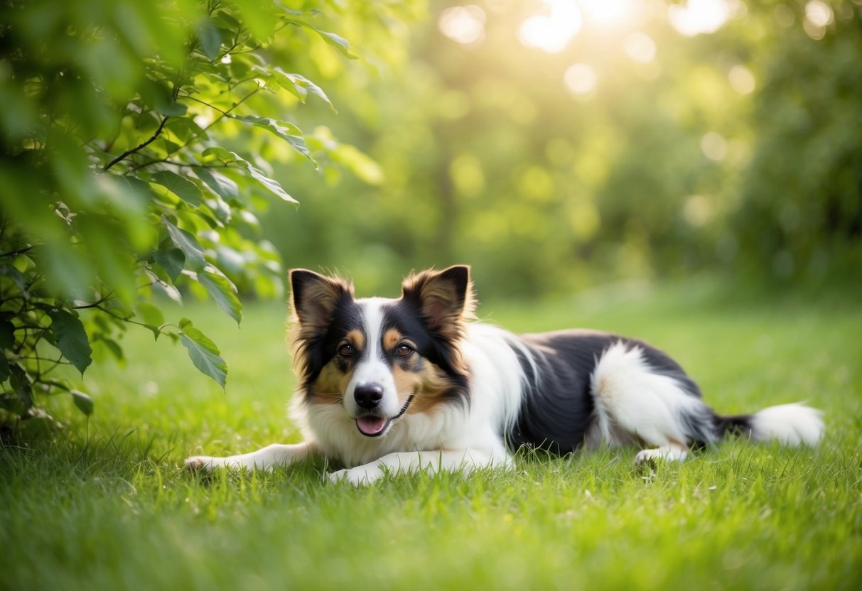 A dog peacefully lying down, surrounded by greenery, while a gentle breeze rustles the leaves and soft sunlight filters through the trees