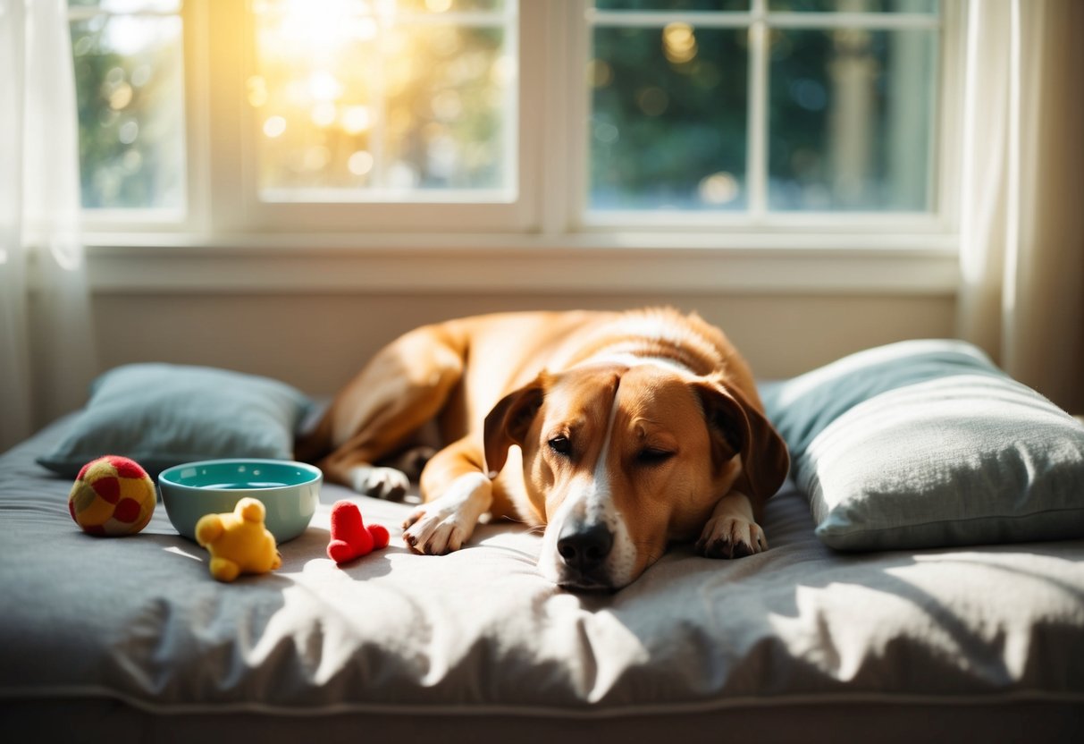 A dog peacefully lying on a cozy bed, surrounded by familiar toys and a bowl of water, as sunlight streams in through a window