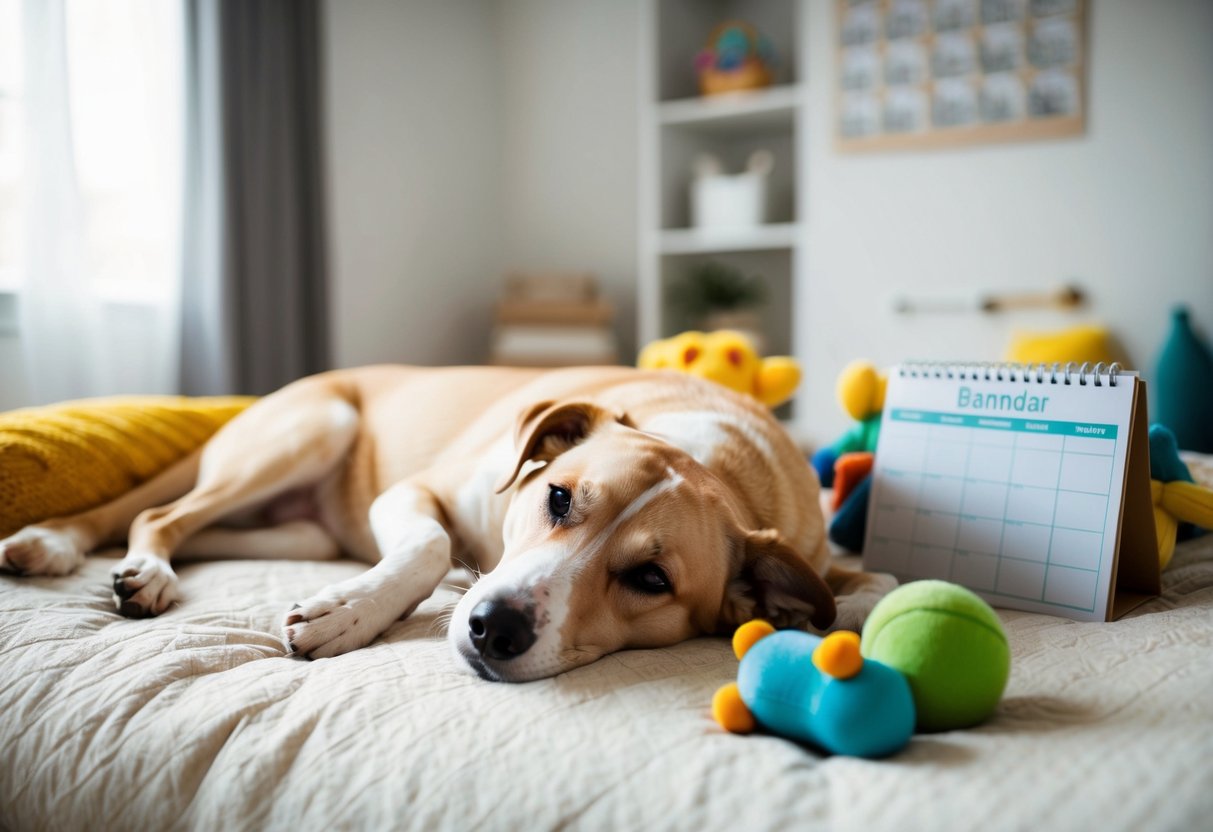 A dog peacefully lying on a cozy bed, surrounded by familiar toys and a consistent daily schedule displayed on a nearby calendar