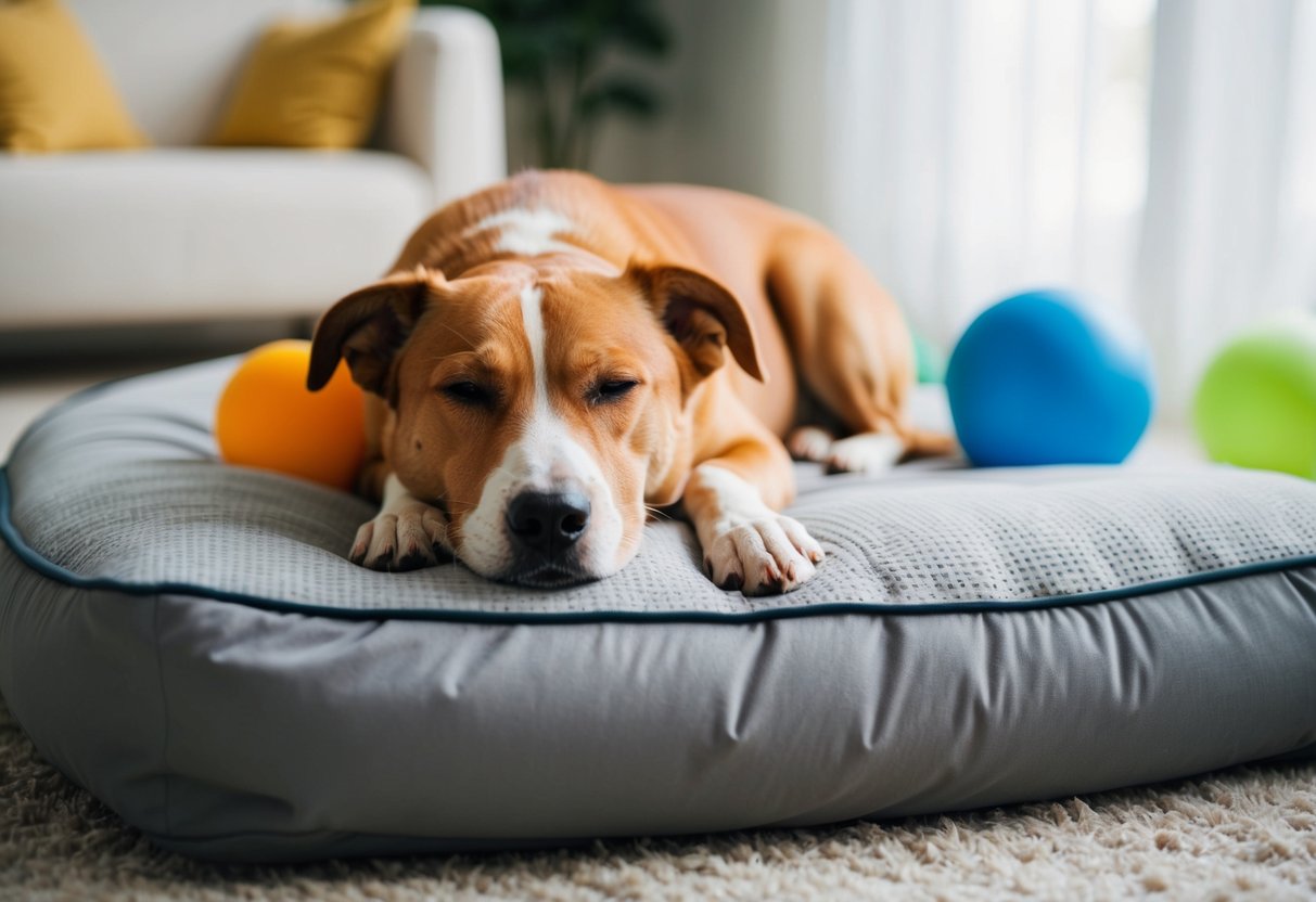 A dog peacefully resting on a cozy bed, surrounded by a structured daily routine including walks, meals, and playtime