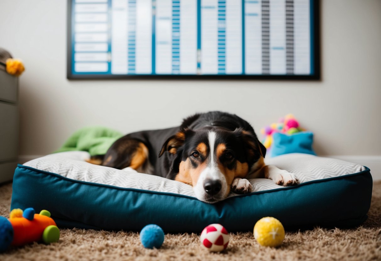 A dog peacefully resting on a cozy bed, surrounded by toys and a schedule chart on the wall