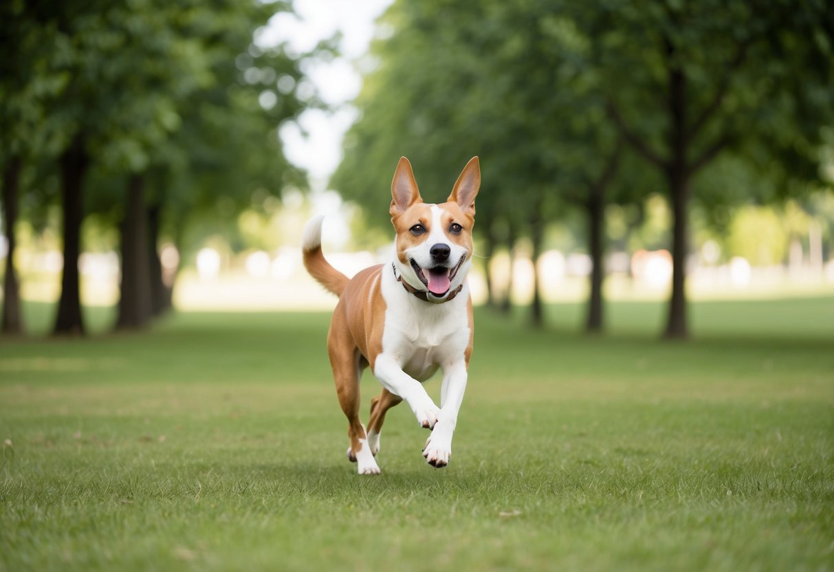 A dog running happily in a peaceful park, surrounded by trees and open space, with a calm and serene atmosphere