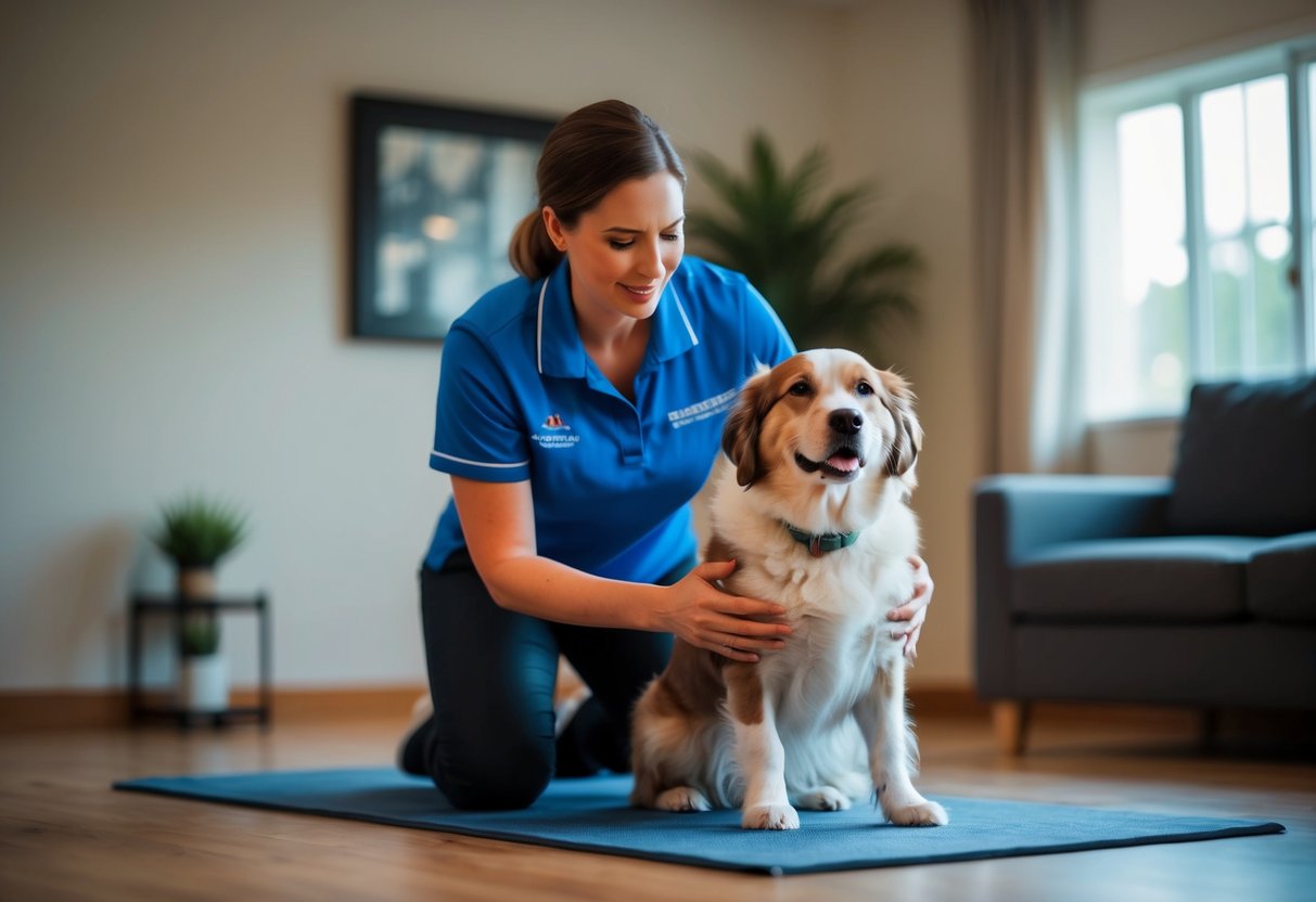 A dog trainer calmly guiding a nervous dog through a relaxation exercise in a quiet, dimly lit room