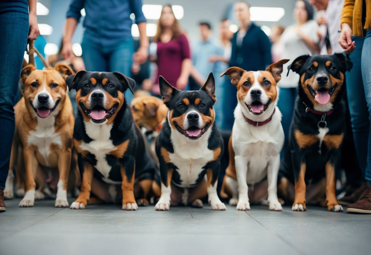 A group of anxious dogs in a crowded, noisy environment, showing signs of stress such as panting, pacing, and trembling