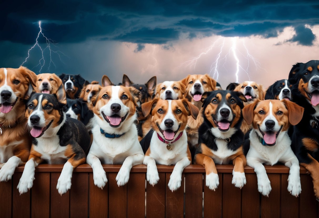 A group of anxious dogs in a noisy, crowded environment with thunder and lightning outside