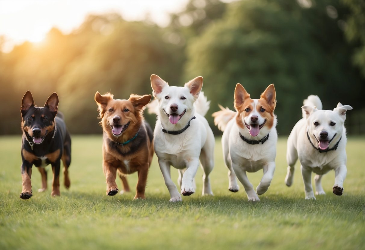 A group of dogs socializing while calmly exercising together in a serene outdoor setting