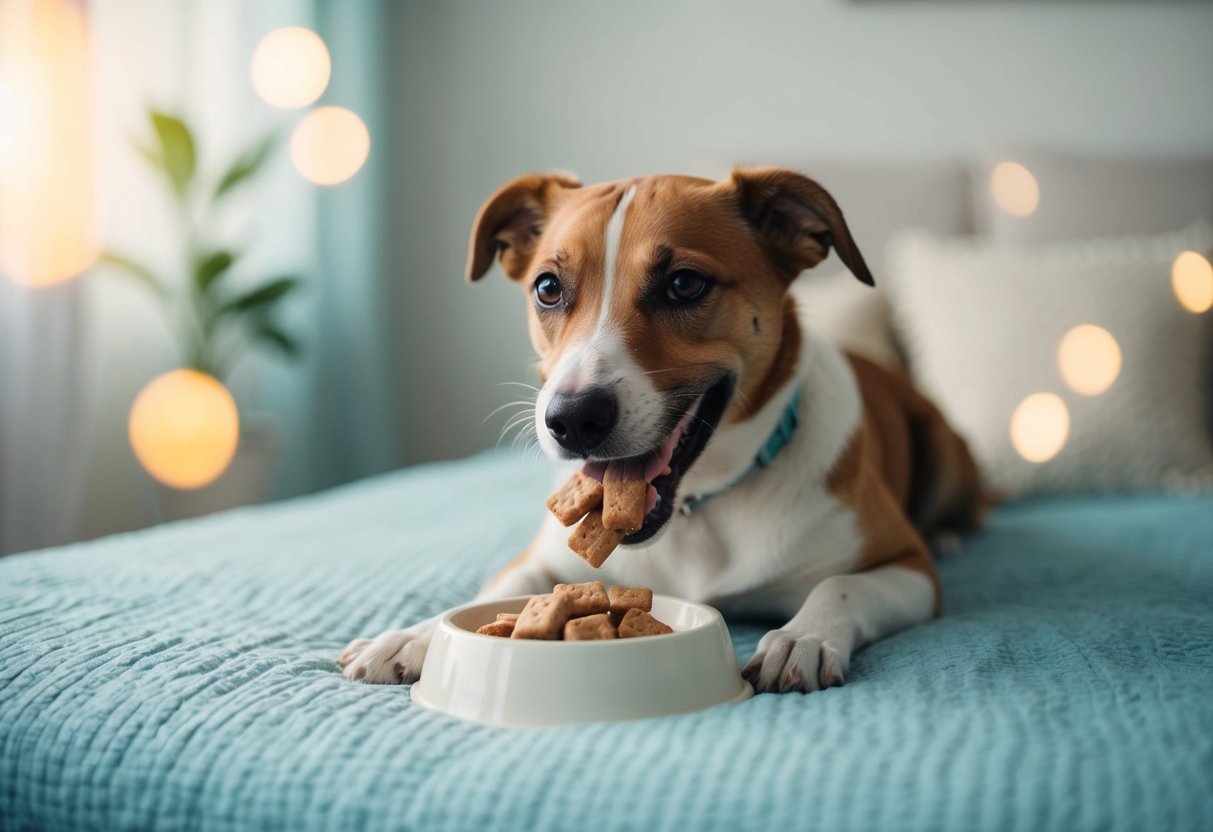 A happy dog eagerly eats calming treats, surrounded by a peaceful and serene environment with soft lighting and soothing colors