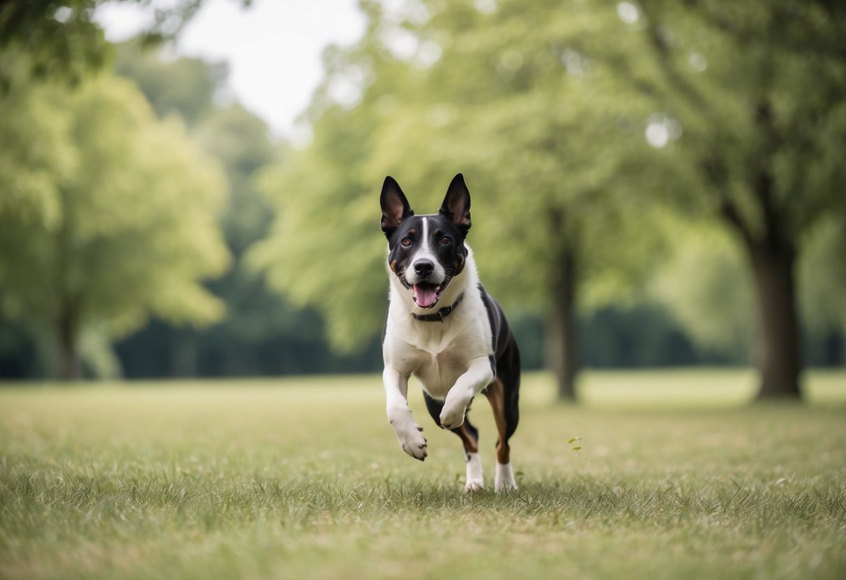 A nervous dog running freely in a serene outdoor setting, surrounded by trees and open space, with a sense of calmness and relaxation in the air