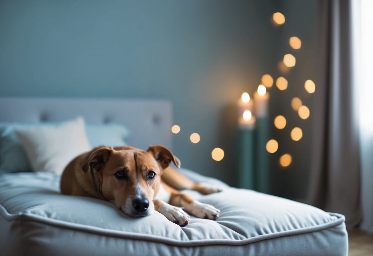 A serene, dimly lit room with soft, soothing colors. A dog rests on a plush bed, surrounded by calming scents and gentle music