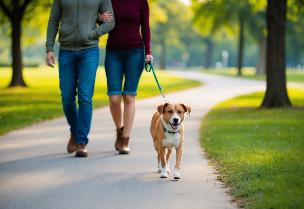 A serene park with a dog walking on a leash beside its owner. The dog appears calm and content as it strolls through the peaceful surroundings