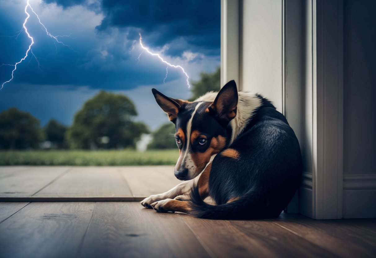 A trembling dog cowers in a corner, ears flattened and tail tucked, as thunder rumbles outside